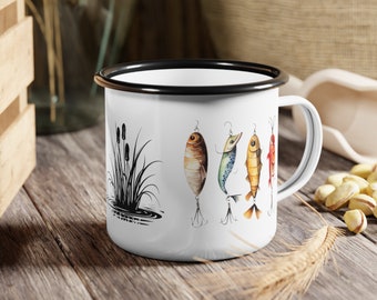 Fishing Lures Enamel Camping Cup, Great Outdoors Colorful Fishing Lures Coffe Mug, Sport Fishing Gift