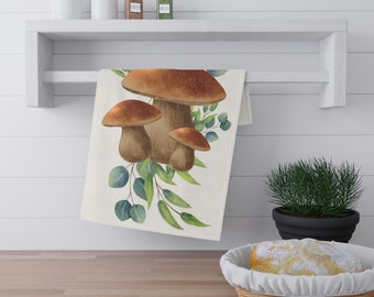 Mushroom Kitchen Tea Towel, Rustic Kitchen Towel, Nature Dish Towel, Botanical Dish Towel, Mushroom and Leaves Towel