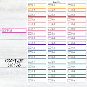 May include: A set of 18 printable doctor appointment stickers with the text "DOCTOR @" in various colors. The stickers are designed for use in a planner or journal.