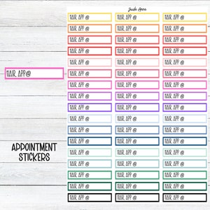 May include: A set of 20 colorful appointment stickers with the text "MAIR APP @" on each sticker. The stickers are arranged in three columns and are designed for use in a planner or calendar.