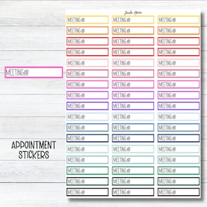 May include: A sheet of colorful stickers with the text "MEETING @" and "APPOINTMENT STICKERS". The stickers are rectangular and have different colored borders.