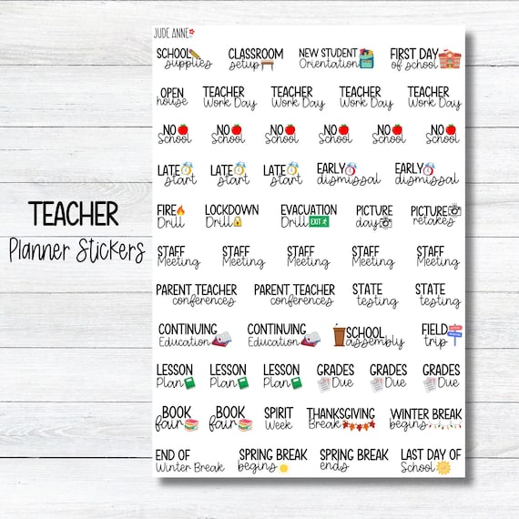Teacher Planner Stickers, Cute Teacher Icons, Calendar, Yearly Teacher Calendar Stickers