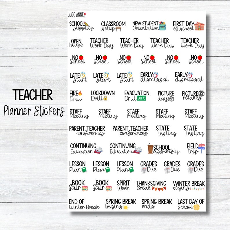 May include: A set of colorful teacher planner stickers with various themes, including school supplies, classroom setup, new student orientation, first day of school, late start, early dismissal, fire drill, lockdown drill, evacuation drill, picture day, picture retakes, staff meeting, parent teacher conferences, continuing education, lesson plan, book fair, spirit week, Thanksgiving break, winter break, spring break, and last day of school.