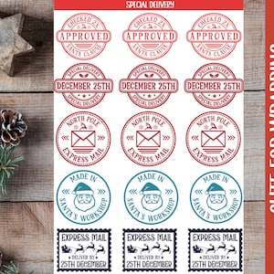 May include: A set of ten Christmas-themed printable gift tags featuring red, blue, and white colors. The tags feature various designs including Santa Claus, a mailbox, and the words "Checked 2X Approved", "Special Delivery", "December 25th", "North Pole Express Mail", and "Made in Santa's Workshop".