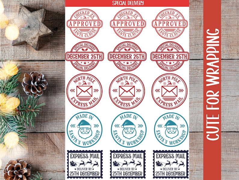May include: A set of ten Christmas-themed printable gift tags featuring red, blue, and white colors. The tags feature various designs including Santa Claus, a mailbox, and the words "Checked 2X Approved", "Special Delivery", "December 25th", "North Pole Express Mail", and "Made in Santa's Workshop".