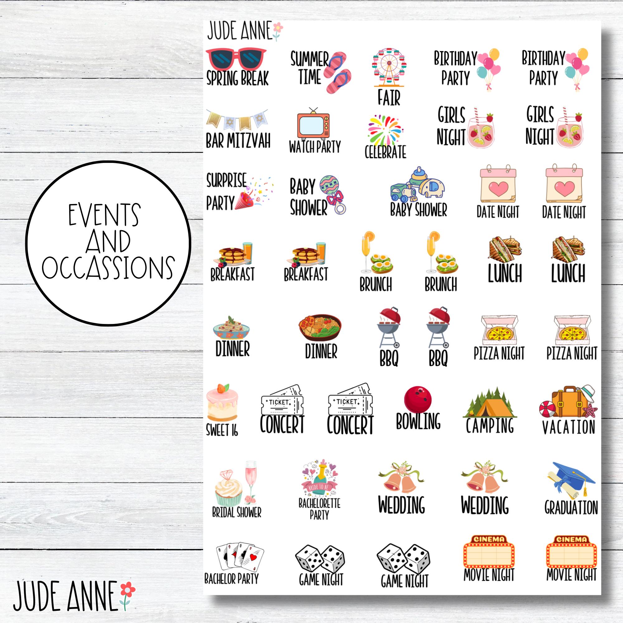 Events and Occasion Planner Stickers, Fun Events Icon and Script for Calendar, Agendas, or Bujo