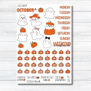 May include: A sticker sheet featuring October calendar elements, including white ghost illustrations, orange pumpkins, and the days of the week in orange text. The sheet includes numbered pumpkin stickers from 1 to 31 and text labels like Pumpkin Patch.