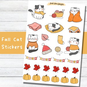 Fall Cat Sticker Sheet, Fall Planner Sheet, Cute Cat Stickers