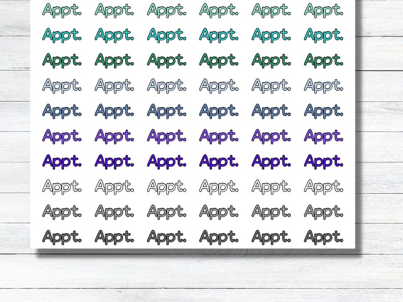 May include: A sheet of colorful stickers with the word "Appt." repeated in various colors, including green, blue, purple, and gray.