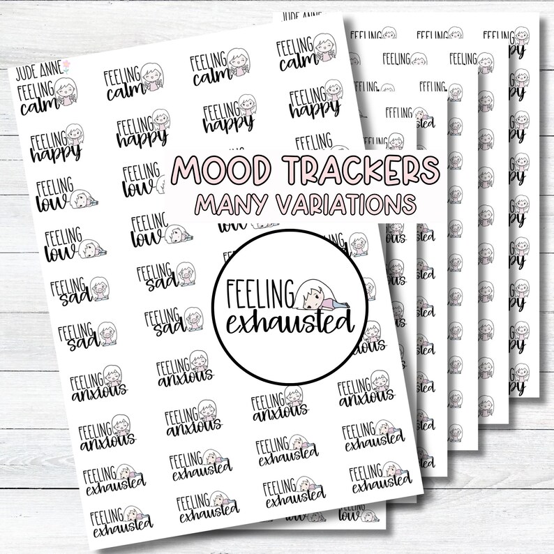 May include: Sheets of stickers with various mood tracker designs. Each sticker features a word like "calm," "happy," or "exhausted," along with a small illustration. The text "Mood Trackers Many Variations" is also present.