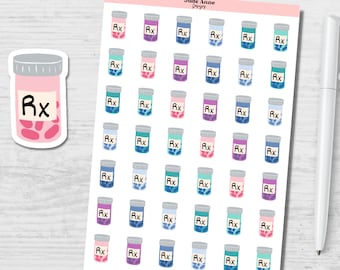 May include: A sheet of stickers featuring a variety of pill bottle designs. The bottles are filled with colorful pills and have the letter "Rx" on the label. The stickers are perfect for adding a touch of whimsy to planners, journals, and other surfaces.