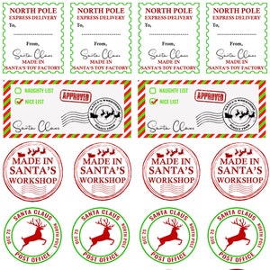 Puede incluir: Un conjunto de etiquetas para regalos de Navidad imprimibles con un fondo a rayas rojo y blanco con el tema de la oficina de correos del Polo Norte. Las etiquetas incluyen un sello de Pap&aacute; Noel, un sello de reno y un sello de "Hecho en el taller de Pap&aacute; Noel". Las etiquetas son perfectas para agregar un toque festivo a tus regalos.