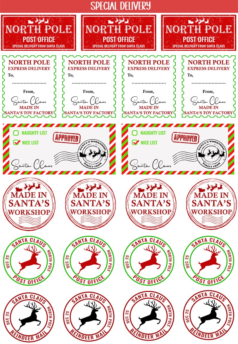 Puede incluir: Un conjunto de etiquetas para regalos de Navidad imprimibles con un fondo a rayas rojo y blanco con el tema de la oficina de correos del Polo Norte. Las etiquetas incluyen un sello de Pap&aacute; Noel, un sello de reno y un sello de "Hecho en el taller de Pap&aacute; Noel". Las etiquetas son perfectas para agregar un toque festivo a tus regalos.