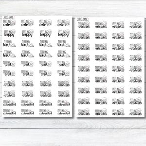 May include: Sheets of stickers with various emotional expressions. The stickers feature phrases like "Feeling Calm," "Feeling Happy," "Feeling Low," "Feeling Sad," "Feeling Anxious," and "Feeling Exhausted," with accompanying illustrations.