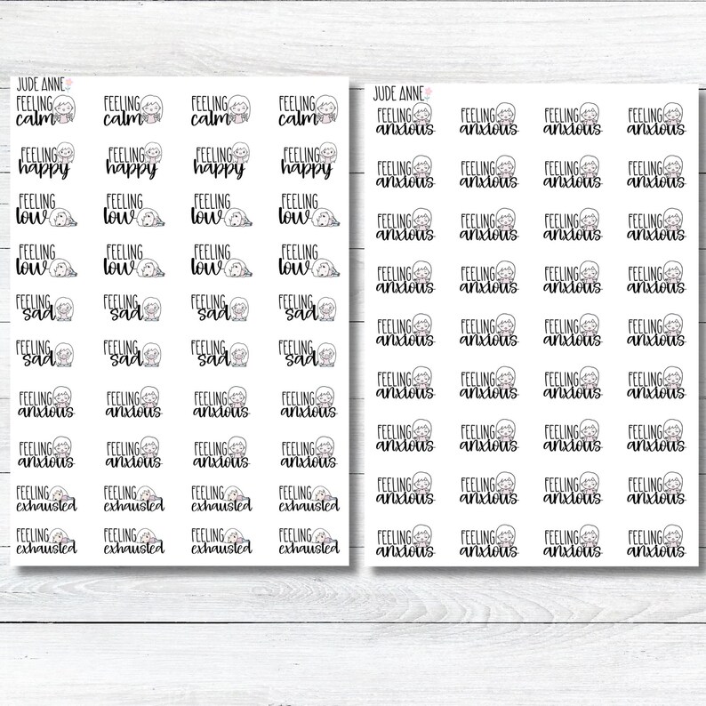 May include: Sheets of stickers with various emotional expressions. The stickers feature phrases like "Feeling Calm," "Feeling Happy," "Feeling Low," "Feeling Sad," "Feeling Anxious," and "Feeling Exhausted," with accompanying illustrations.