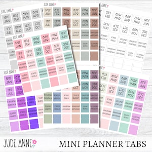 May include: A collection of mini planner tabs in various pastel colors. Each tab is labeled with months, days of the week, and categories like "budget" and "notes." The text "Jude Anne" and "Mini Planner Tabs" are also visible.