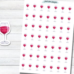 May include: A sheet of 63 red wine glass stickers. The stickers are white with a red wine glass design. The stickers are perfect for adding a touch of elegance to your planner, journal, or laptop.