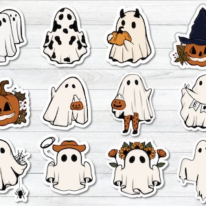 Halloween Stickers, 12 Ghost Sticker Set, Cute Stickers, Retro, Vintage, Halloween Gifts, Party Favors