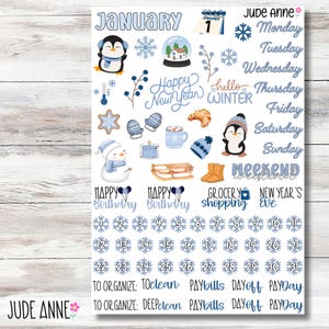 January Monthly Kit Planner Stickers, Winter Deco Planner Kit, Snow Themed Stickers