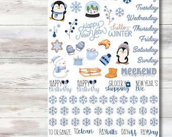 January Monthly Kit Planner Stickers, Winter Deco Planner Kit, Snow Themed Stickers