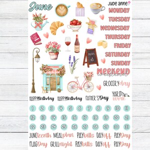 May include: Watercolor-style planner stickers with a cafe theme. Includes images of coffee, croissants, strawberries, a bicycle, and a cafe. Also features calendar dates, days of the week, and special event labels like "Happy Birthday" and "Father's Day".
