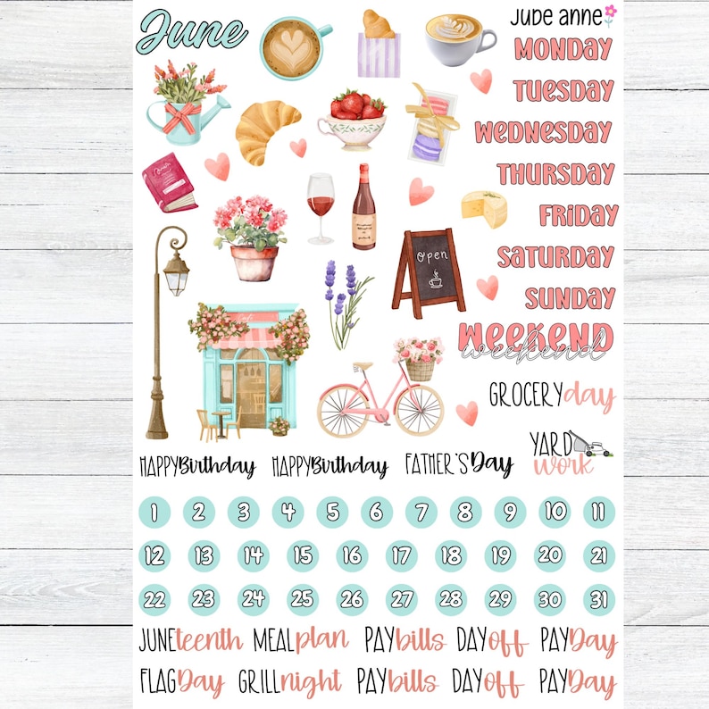 May include: Watercolor-style planner stickers with a cafe theme. Includes images of coffee, croissants, strawberries, a bicycle, and a cafe. Also features calendar dates, days of the week, and special event labels like "Happy Birthday" and "Father's Day".