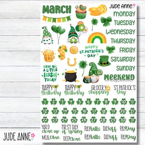 May include: A sticker sheet with a St. Patrick's Day theme, featuring green shamrocks, leprechauns, and gold coins. The sheet includes the month of March, days of the week, and various themed phrases and icons for planning and decoration.
