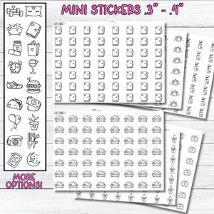 May include: A set of 10 sheets of mini stickers featuring various illustrations, including a couch, a book, a cup of coffee, a phone, and a plant. The stickers are black and white and measure 0.3 to 0.4 inches in size. The text "MINI STICKERS .3" - .4" is printed at the top of the image.