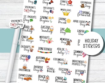 Holiday Planner Stickers, Cute Holiday Icon, Calendar, U.S. Holidays, Boju Holidays, Celebration Stickers, Sticker Sheet for Planning