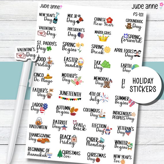 Holiday Planner Stickers, Cute Holiday Icon, Calendar, U.S. Holidays, Boju Holidays, Celebration Stickers, Sticker Sheet for Planning