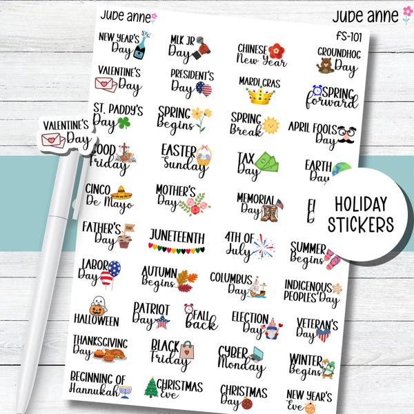 Holiday Planner Stickers, Cute Holiday Icon, Calendar, U.S. Holidays, Boju Holidays, Celebration Stickers, Sticker Sheet for Planning