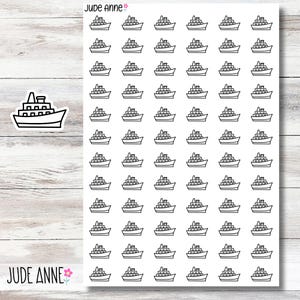 May include: A sheet of white stickers featuring a repeating pattern of black line-drawn cruise ships. A single sticker of a cruise ship is in the upper left corner. The brand name "Jude Anne" is printed in black at the top and bottom of the sheet.