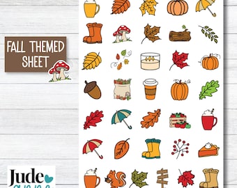 Fall Planner Stickers, Autumn Sticker Sheet, Cozy Fall Stickers, Pumpkin Leaves Coffee Stickers, Fall Doodle Stickers