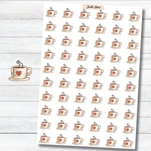 May include: A sheet of 49 stickers featuring a cartoon illustration of a teacup with a heart and a tea bag. The teacup is beige with a red heart and a brown tea bag. The teacup has a brown handle and a brown steam coming from the top.