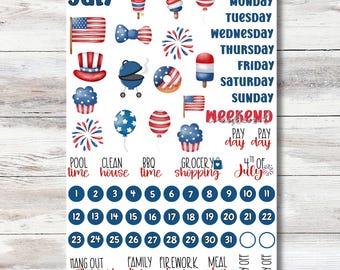 July Planner Stickers, 4th of July Planner Kit, Summer Planner Stickers