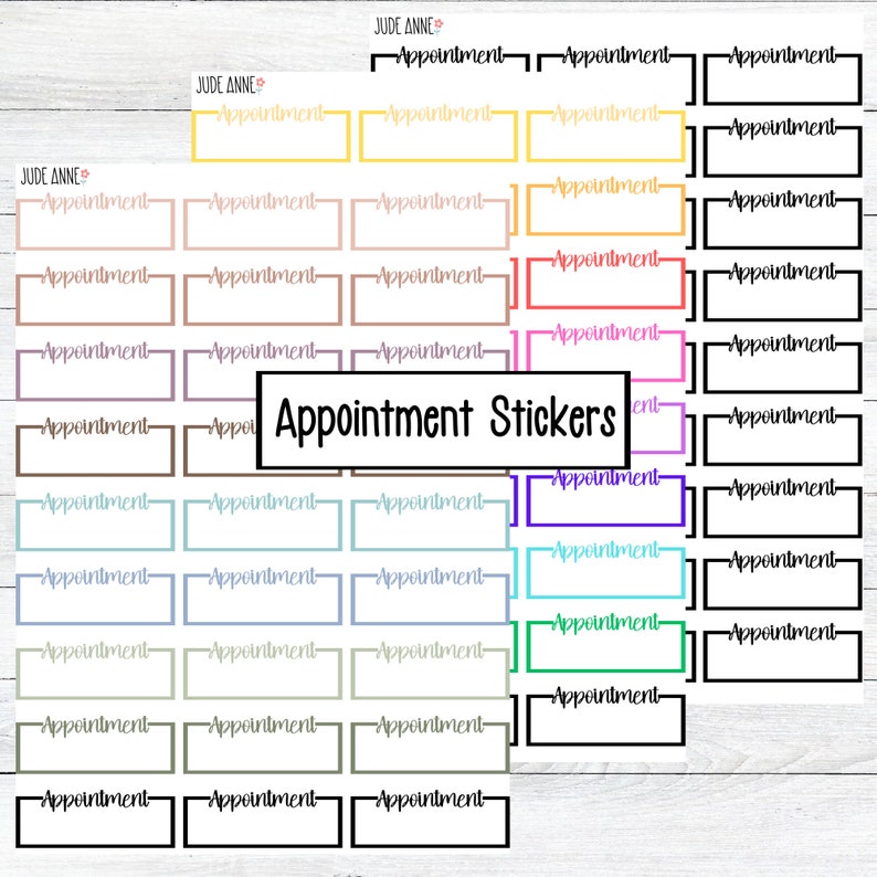 May include: A set of colorful appointment stickers with the text "Appointment Stickers" in the center. The stickers are in various colors, including yellow, orange, pink, purple, blue, green, and brown. Each sticker has a blank space for writing in an appointment.