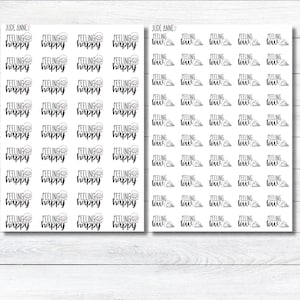 May include: Two sheets of stickers with the words "Feeling Happy" and "Feeling Low" in black script. Each sticker has a smiling face. The stickers are arranged in rows and columns on a white background.