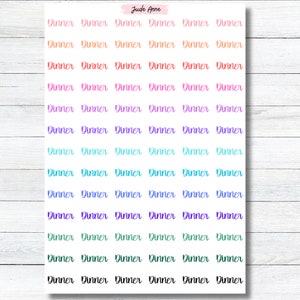 May include: A sheet of colorful planner stickers with the word "Dinner" repeated in various colors. The stickers are designed for use in a planner or journal.
