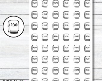 May include: A sheet of 36 black and white stickers with the word "READ" and a book icon. The stickers are arranged in a grid pattern.
