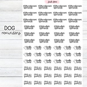 May include: A sheet of black and white stickers with various dog-related reminders, including "heartworm meds", "flea/tick meds", "bath time", and "dog food".
