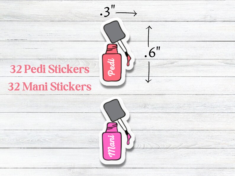 Pu&ograve; includere: Due adesivi a forma di flacone di smalto per unghie, uno rosa con scritto "Mani" e uno rosso con scritto "Pedi". Ogni adesivo misura 7,6 cm di larghezza e 1,5 cm di altezza. 32 adesivi mani e 32 adesivi pedi.