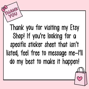 K&ouml;nnte beinhalten: Rosa-wei&szlig;e Grafik mit dem Text "Vielen Dank f&uuml;r Ihren Besuch in meinem Etsy-Shop!" und einer Einkaufstasche mit Herz. Das Bild ermutigt Kunden, Nachrichten f&uuml;r individuelle Stickerb&ouml;gen zu senden.