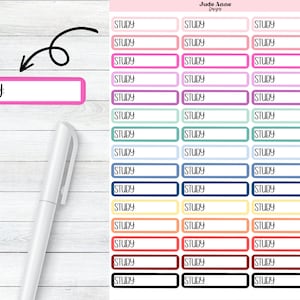 May include: A sheet of colorful planner stickers with the word "STUDY" printed on each sticker. The stickers are in various colors, including pink, purple, blue, green, yellow, orange, and red.