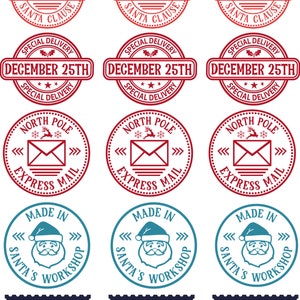 May include: Nine red and blue Christmas themed stamps with various designs. The stamps feature text such as "Checked 2x Approved Santa Clause", "Special Delivery December 25th", "North Pole Express Mail", "Made in Santa's Workshop", and "Express Mail Deliver by 25th December".