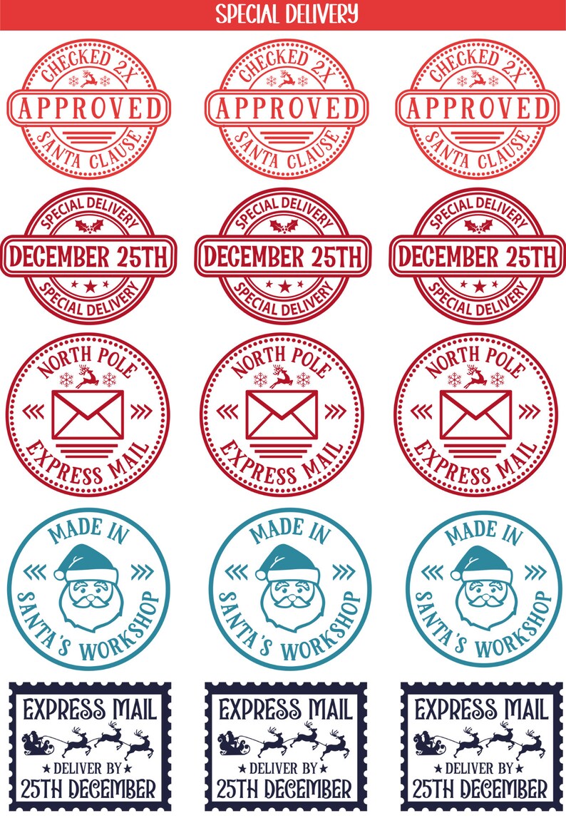 May include: Nine red and blue Christmas themed stamps with various designs. The stamps feature text such as "Checked 2x Approved Santa Clause", "Special Delivery December 25th", "North Pole Express Mail", "Made in Santa's Workshop", and "Express Mail Deliver by 25th December".