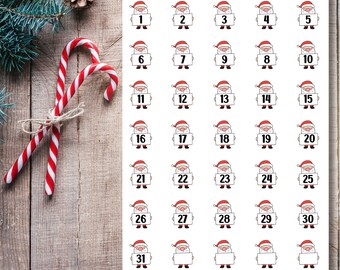 May include: A sheet of thirty-one stickers featuring cartoon Santa Claus figures, each holding a white rectangular sign numbered from one to thirty-one. The text Jude Anne is printed in red at the top. The stickers are arranged in a grid format.