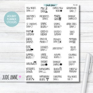 Holiday Planner Stickers, Black and White Planner Stickers, Cute Holiday Icon, Calendar, U.S. Holidays, Boju Holidays