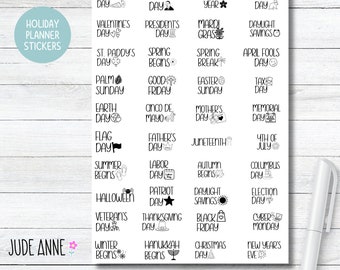 Holiday Planner Stickers, Black and White Planner Stickers, Cute Holiday Icon, Calendar, U.S. Holidays, Boju Holidays
