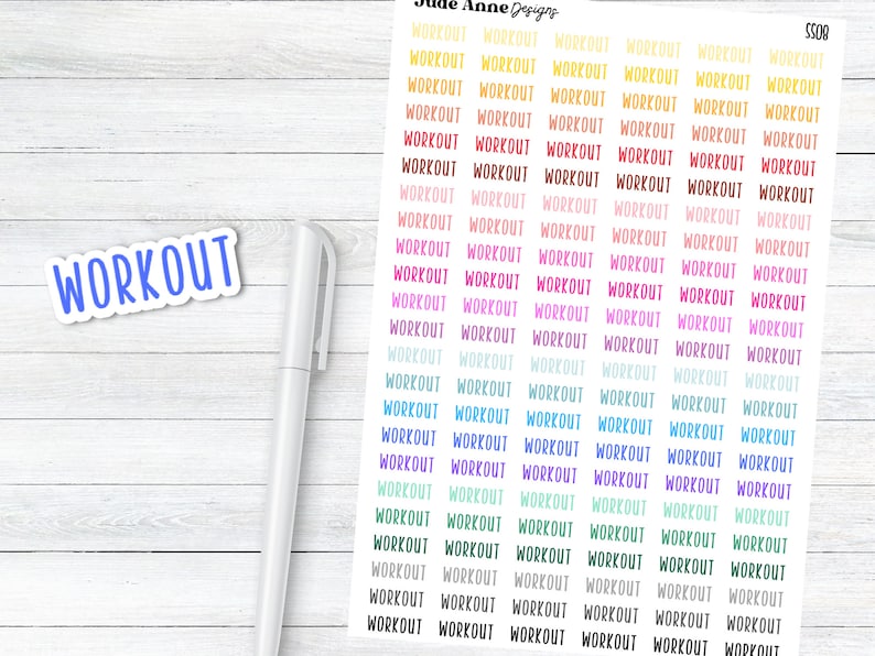 May include: A sheet of colourful stickers with the word "WORKOUT" repeated in various colours and fonts. The stickers are designed for use in a planner or journal.