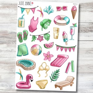 May include: A sheet of summer-themed stickers featuring a variety of illustrations. Includes a pink swimsuit, sunglasses, a beach ball, a flamingo float, and a pink ice cream cone. The sheet also has the text "Jude Anne" and "FS233".